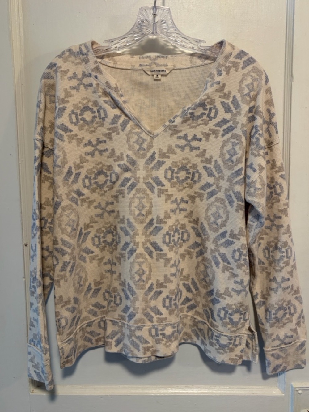 Lucky Brand Aztec Southwestern Thermal Waffle Knit Long Sleeve Top Sz M